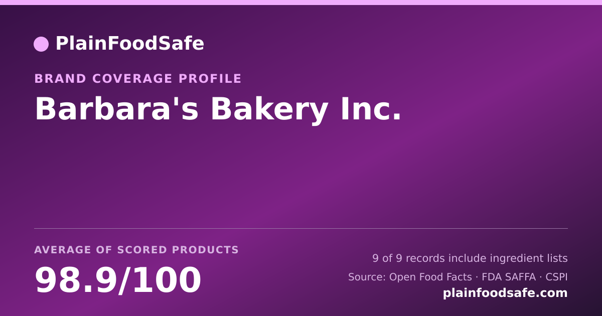 Share card for Barbara's Bakery  Inc. Food Safety Profile