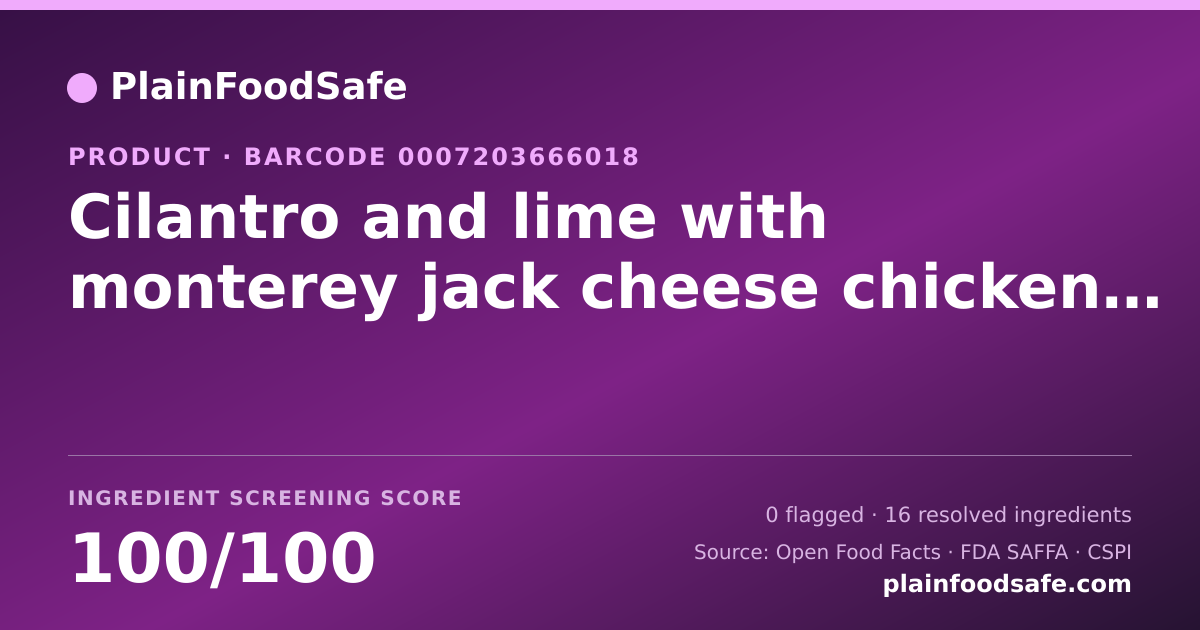 Share card for Cilantro and lime with monterey jack cheese chicken sausage, cilantro and lime with monterey jack cheese Food Ingredient Profile