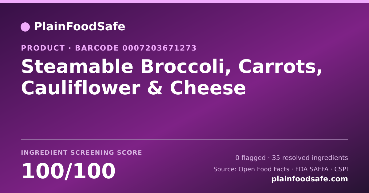 Share card for Steamable Broccoli, Carrots, Cauliflower & Cheese Food Ingredient Profile