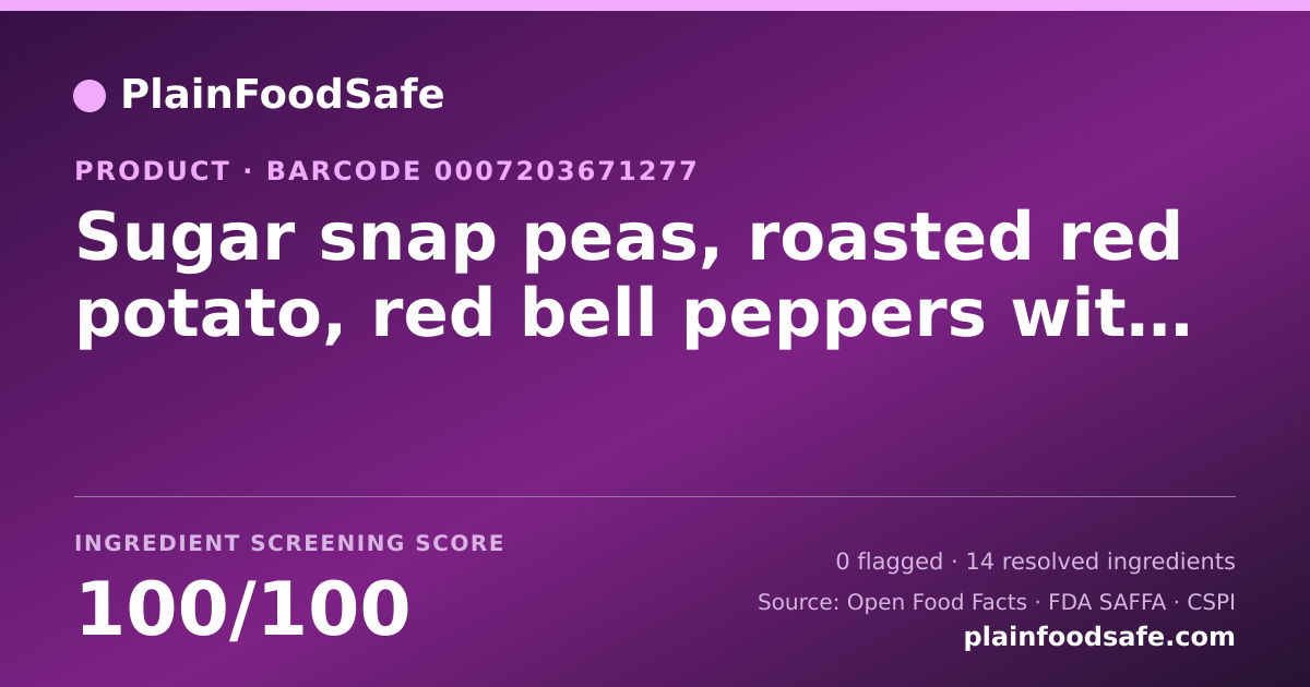 Share card for Sugar snap peas, roasted red potato, red bell peppers with garlic herb seasoning garden style medley Food Ingredient Profile