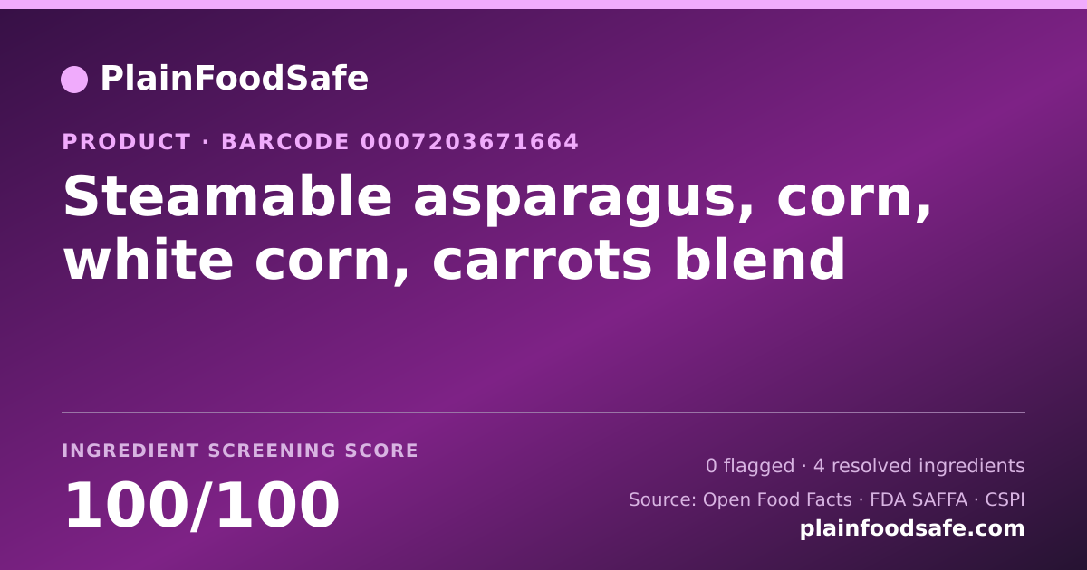 Share card for Steamable asparagus, corn, white corn, carrots blend Food Ingredient Profile