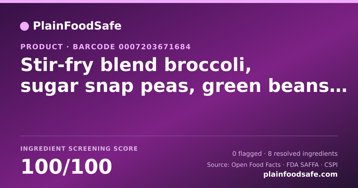 Share card for Stir-fry blend broccoli, sugar snap peas, green beans, carrots, celery, onions, mushrooms, red peppers Food Ingredient Profile