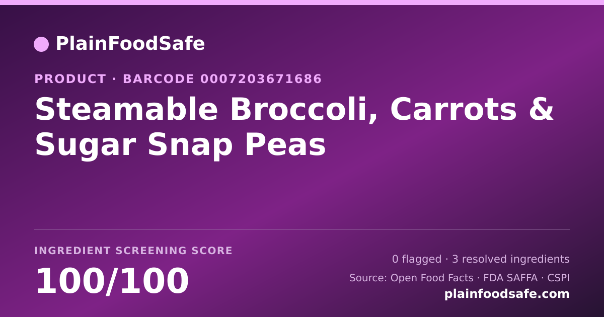 Share card for Steamable Broccoli, Carrots & Sugar Snap Peas Food Ingredient Profile