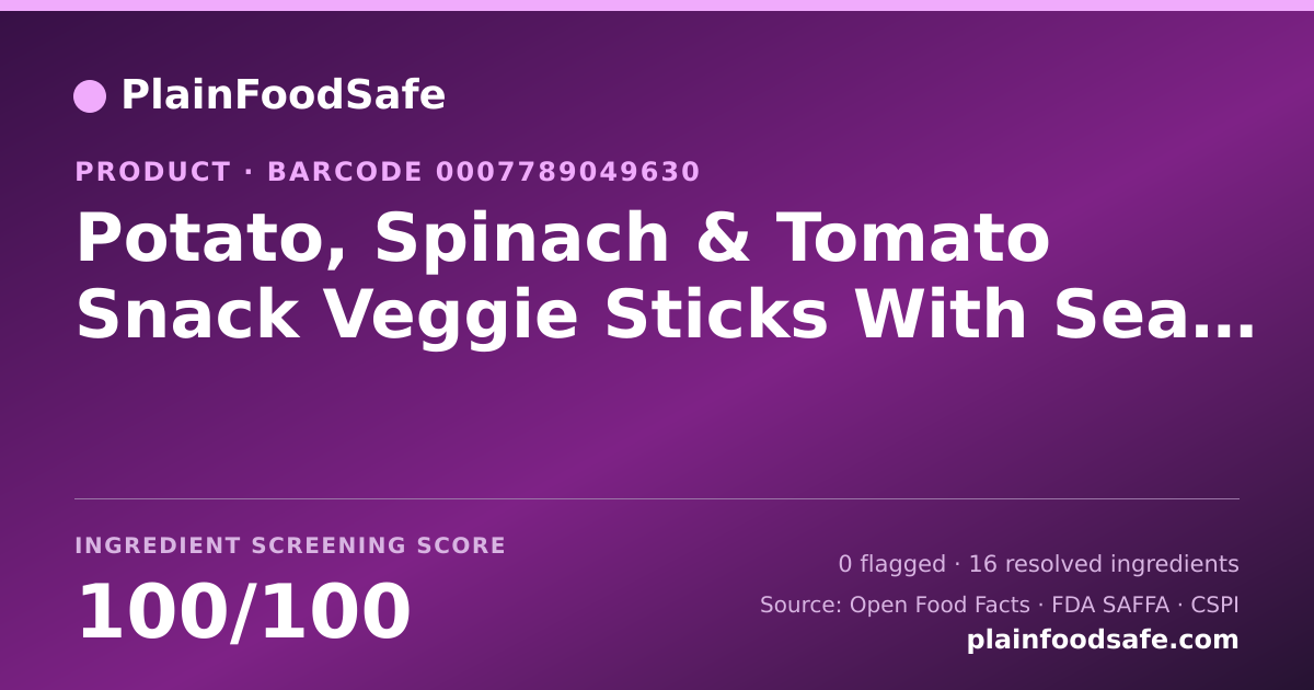 Share card for Potato, Spinach & Tomato Snack Veggie Sticks With Sea Salt, Sea Salt Food Ingredient Profile