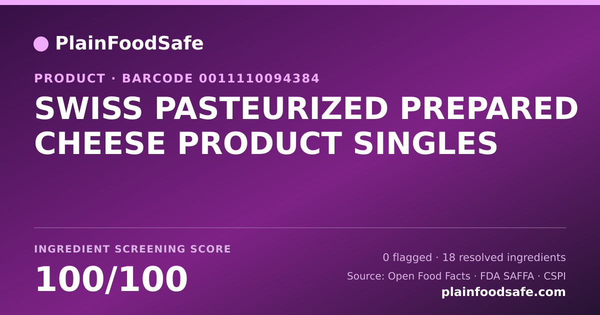 Share card for SWISS PASTEURIZED PREPARED CHEESE PRODUCT SINGLES Food Ingredient Profile