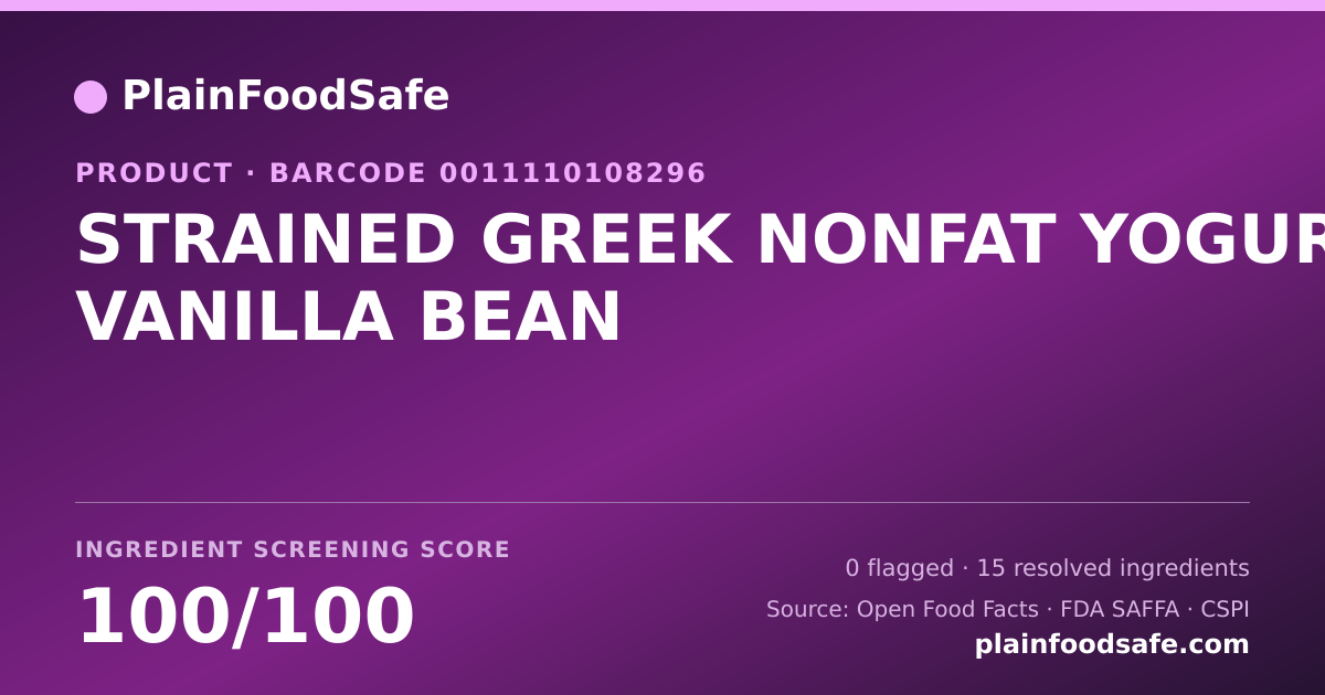Share card for STRAINED GREEK NONFAT YOGURT VANILLA BEAN Food Ingredient Profile