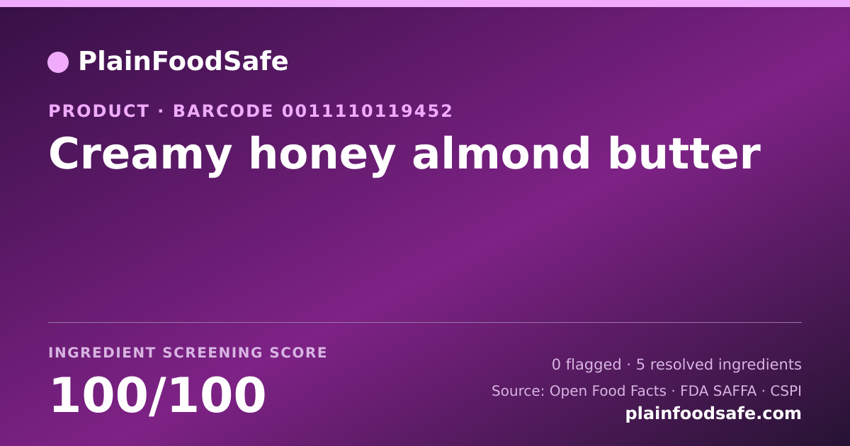 Share card for Creamy honey almond butter Food Ingredient Profile