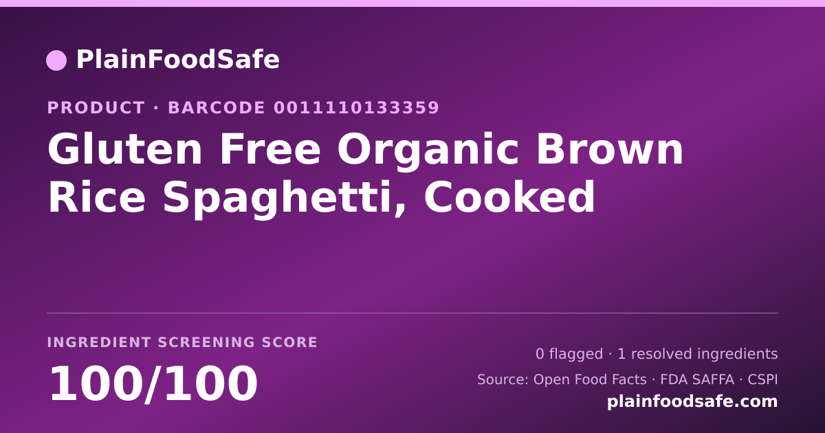 Share card for Gluten Free Organic Brown Rice Spaghetti, Cooked Food Ingredient Profile