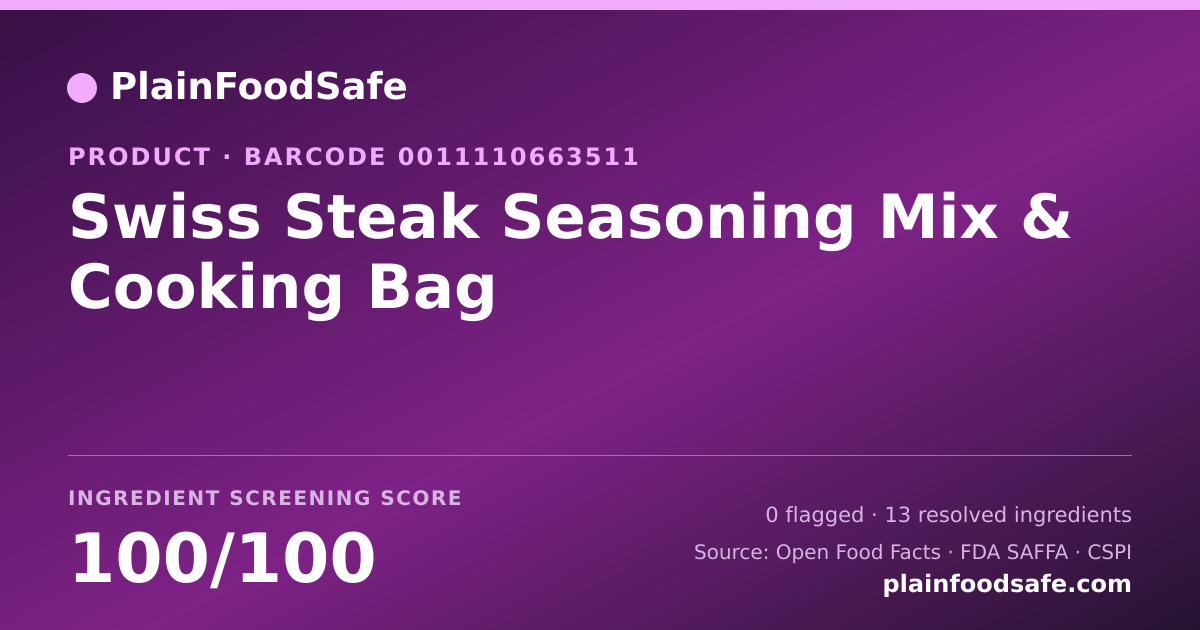Share card for Swiss Steak Seasoning Mix & Cooking Bag Food Ingredient Profile