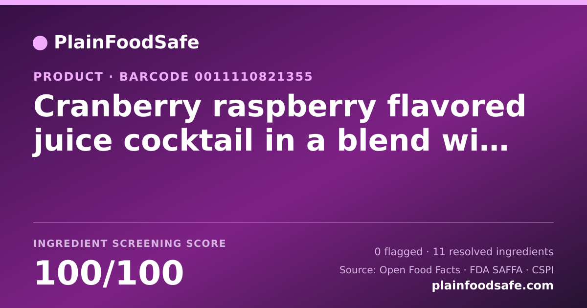Share card for Cranberry raspberry flavored juice cocktail in a blend with apple juice from concentrate, cranberry raspberry Food Ingredient Profile