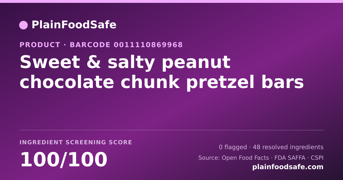 Share card for Sweet & salty peanut chocolate chunk pretzel bars Food Ingredient Profile