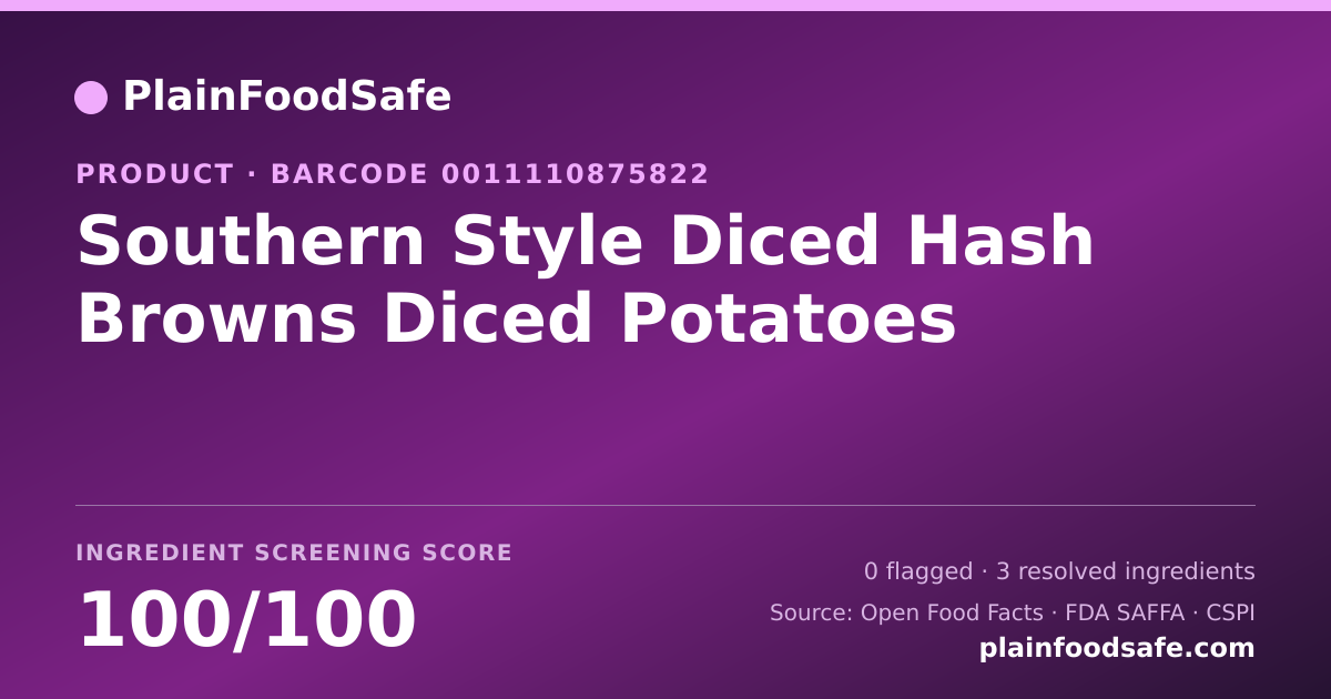 Share card for Southern Style Diced Hash Browns Diced Potatoes Food Ingredient Profile