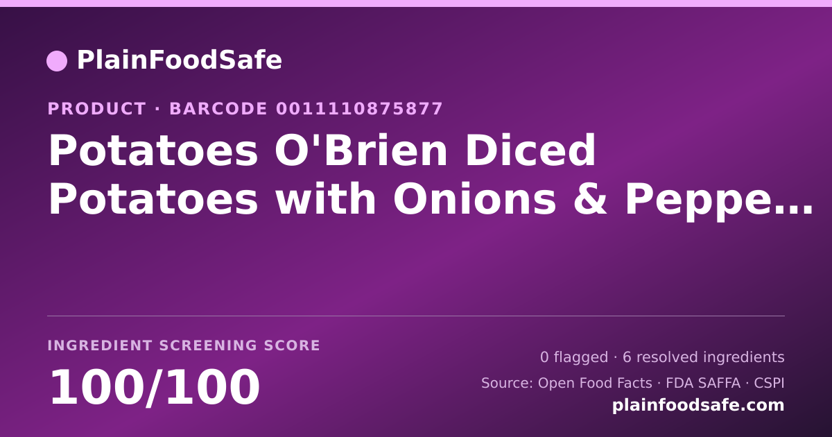 Share card for Potatoes O'Brien Diced Potatoes with Onions & Peppers Food Ingredient Profile