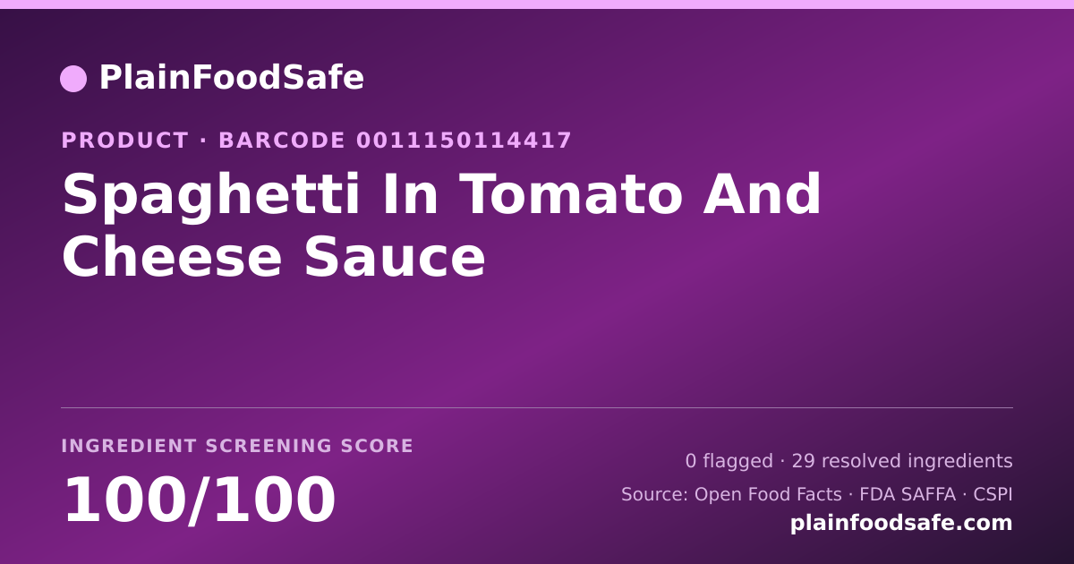 Share card for Spaghetti In Tomato And Cheese Sauce Food Ingredient Profile