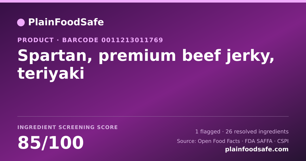 Share card for Spartan, premium beef jerky, teriyaki Food Ingredient Profile