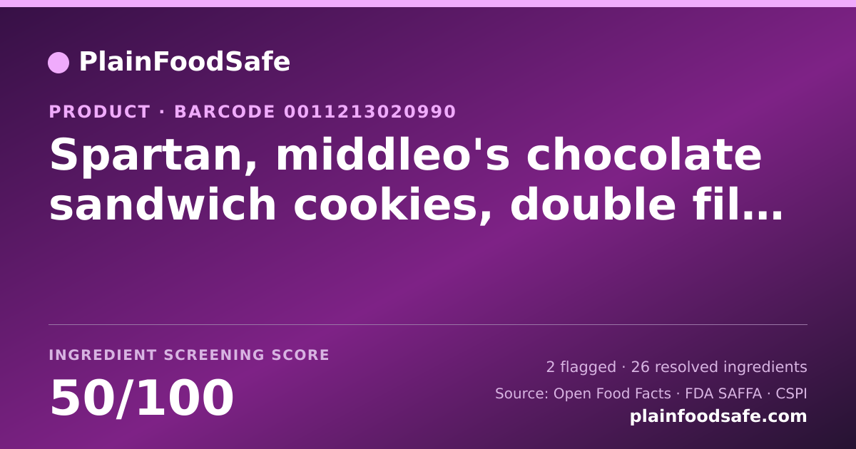 Share card for Spartan, middleo's chocolate sandwich cookies, double filled mint Food Ingredient Profile