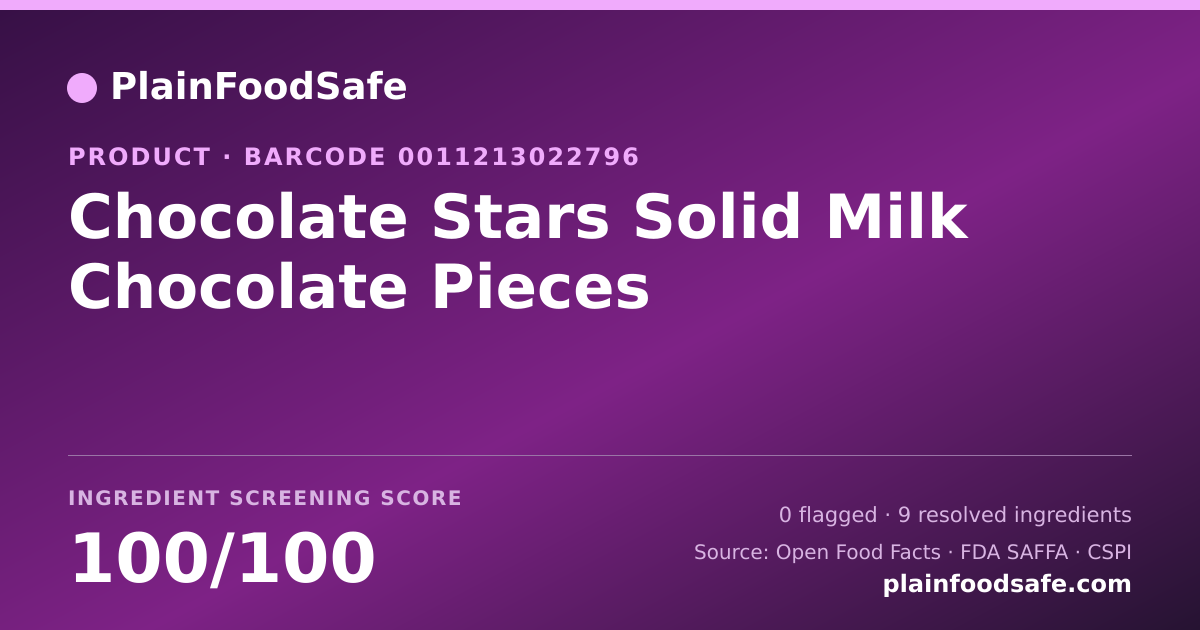 Share card for Chocolate Stars Solid Milk Chocolate Pieces Food Ingredient Profile