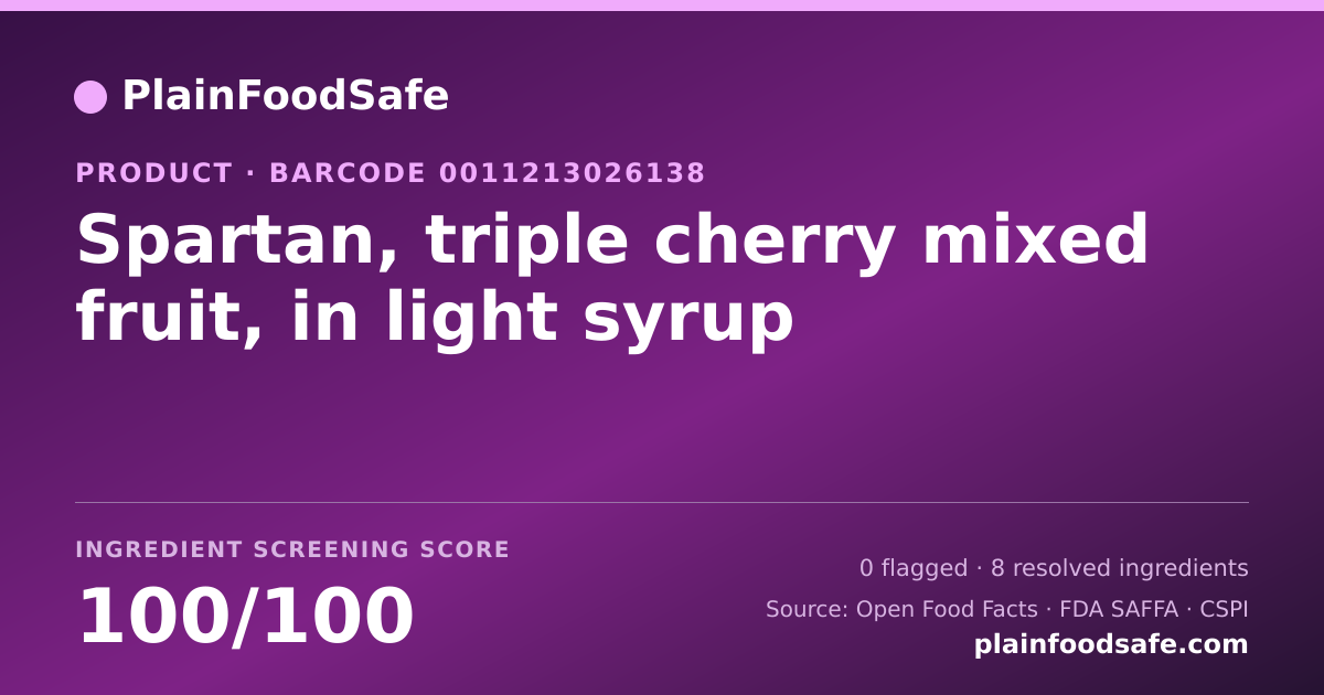Share card for Spartan, triple cherry mixed fruit, in light syrup Food Ingredient Profile