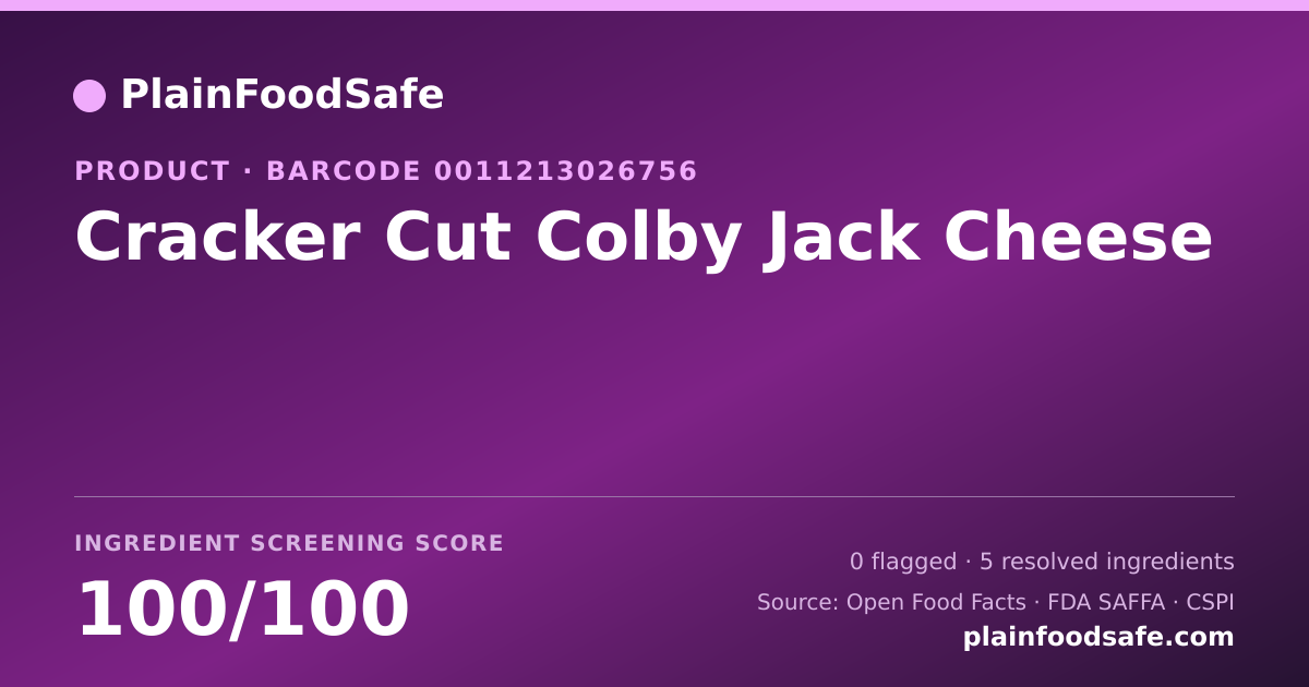 Share card for Cracker Cut Colby Jack Cheese Food Ingredient Profile
