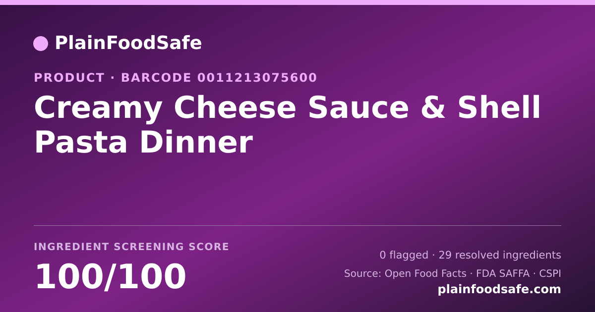 Share card for Creamy Cheese Sauce & Shell Pasta Dinner Food Ingredient Profile