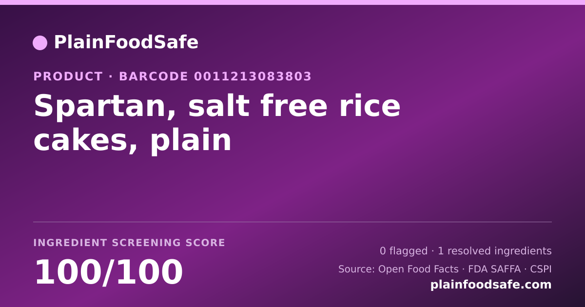 Share card for Spartan, salt free rice cakes, plain Food Ingredient Profile