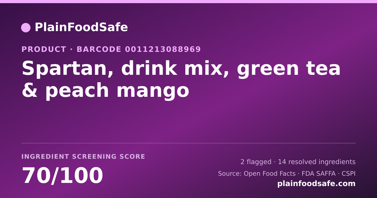 Share card for Spartan, drink mix, green tea & peach mango Food Ingredient Profile