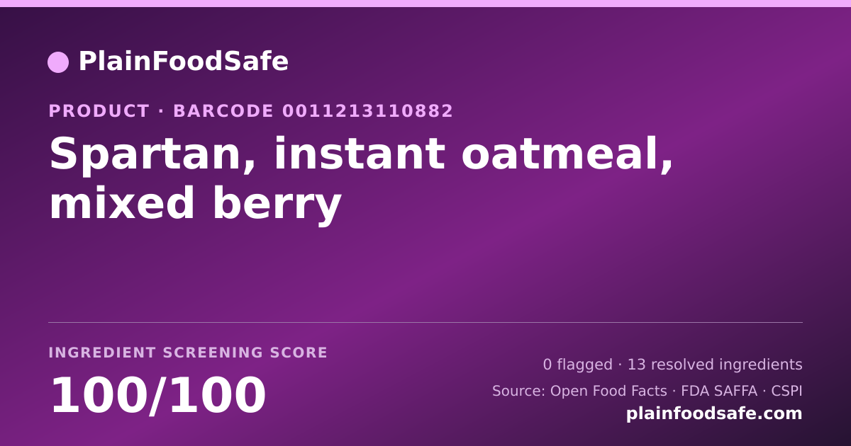 Share card for Spartan, instant oatmeal, mixed berry Food Ingredient Profile