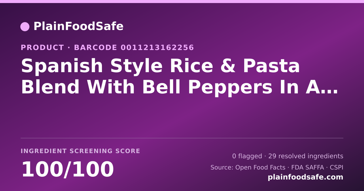 Share card for Spanish Style Rice & Pasta Blend With Bell Peppers In A Sweet Tomato Sauce Food Ingredient Profile