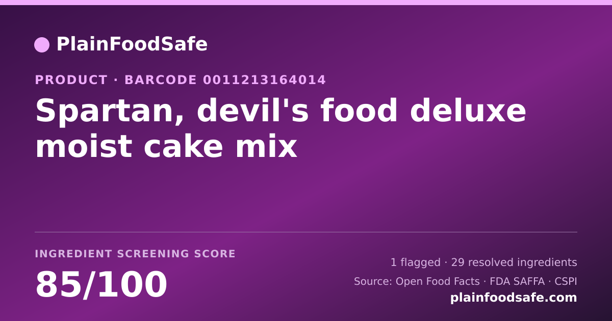Share card for Spartan, devil's food deluxe moist cake mix Food Ingredient Profile