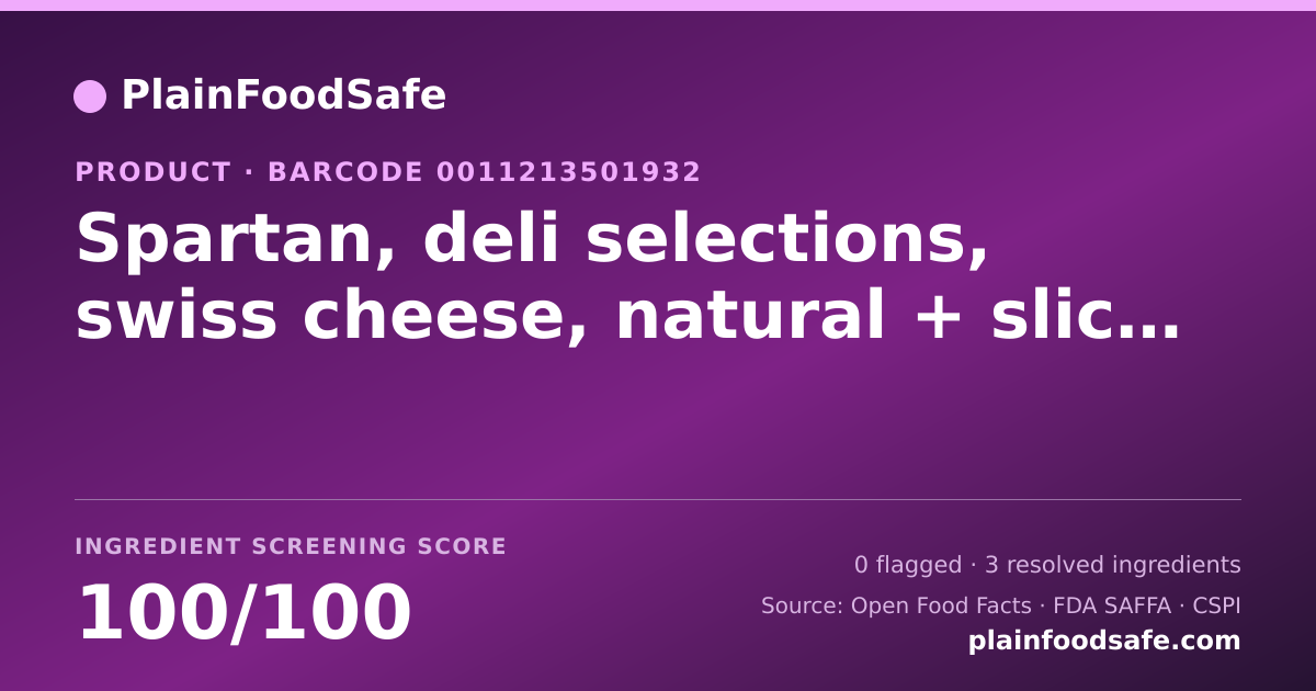 Share card for Spartan, deli selections, swiss cheese, natural + sliced Food Ingredient Profile