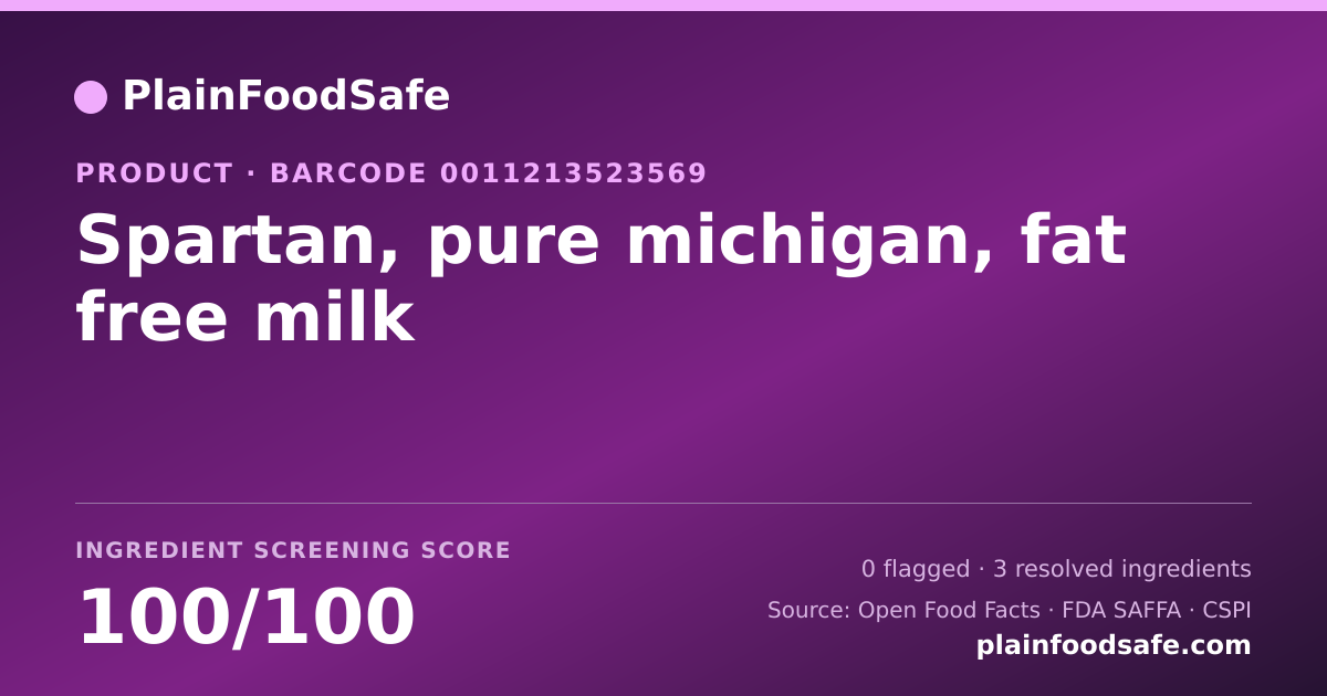 Share card for Spartan, pure michigan, fat free milk Food Ingredient Profile