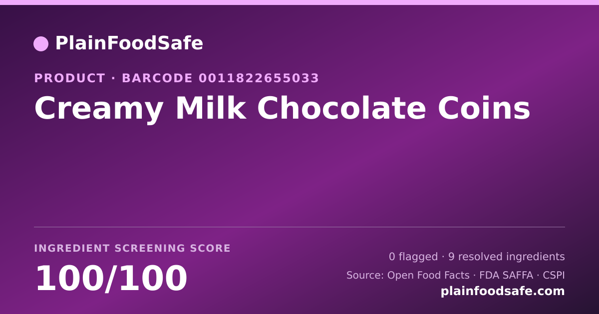 Share card for Creamy Milk Chocolate Coins Food Ingredient Profile