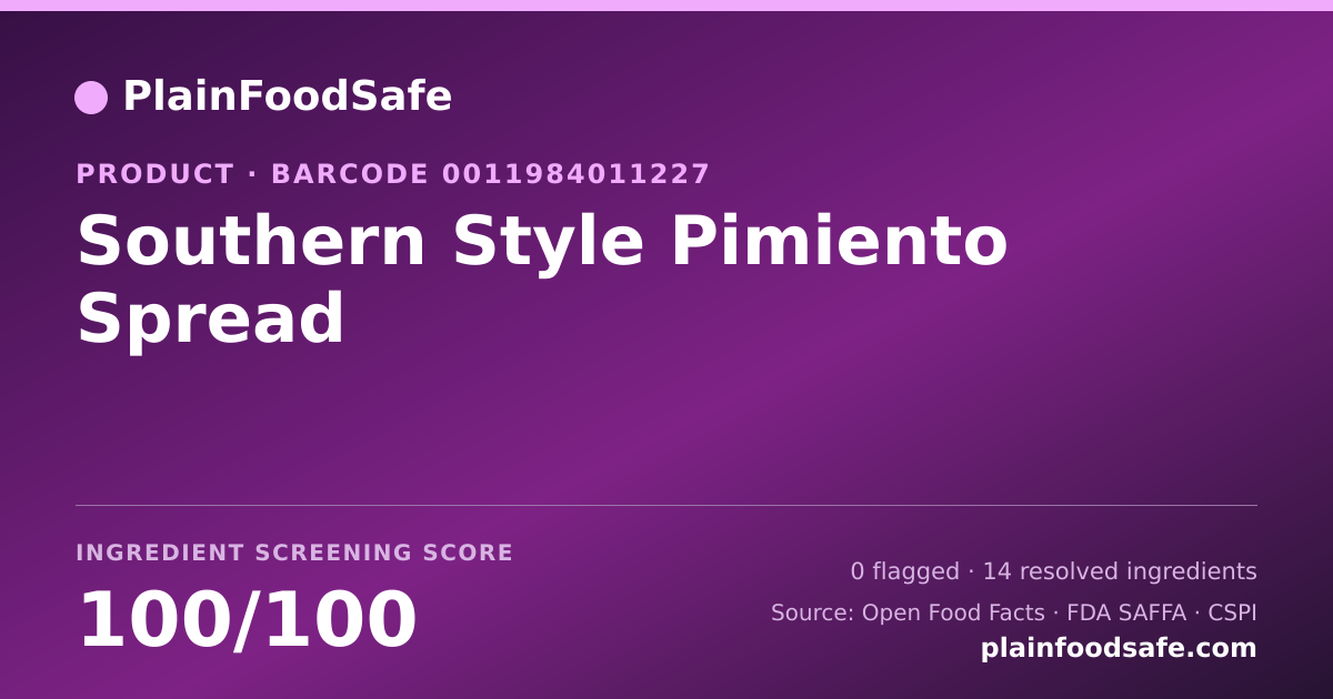 Share card for Southern Style Pimiento Spread Food Ingredient Profile