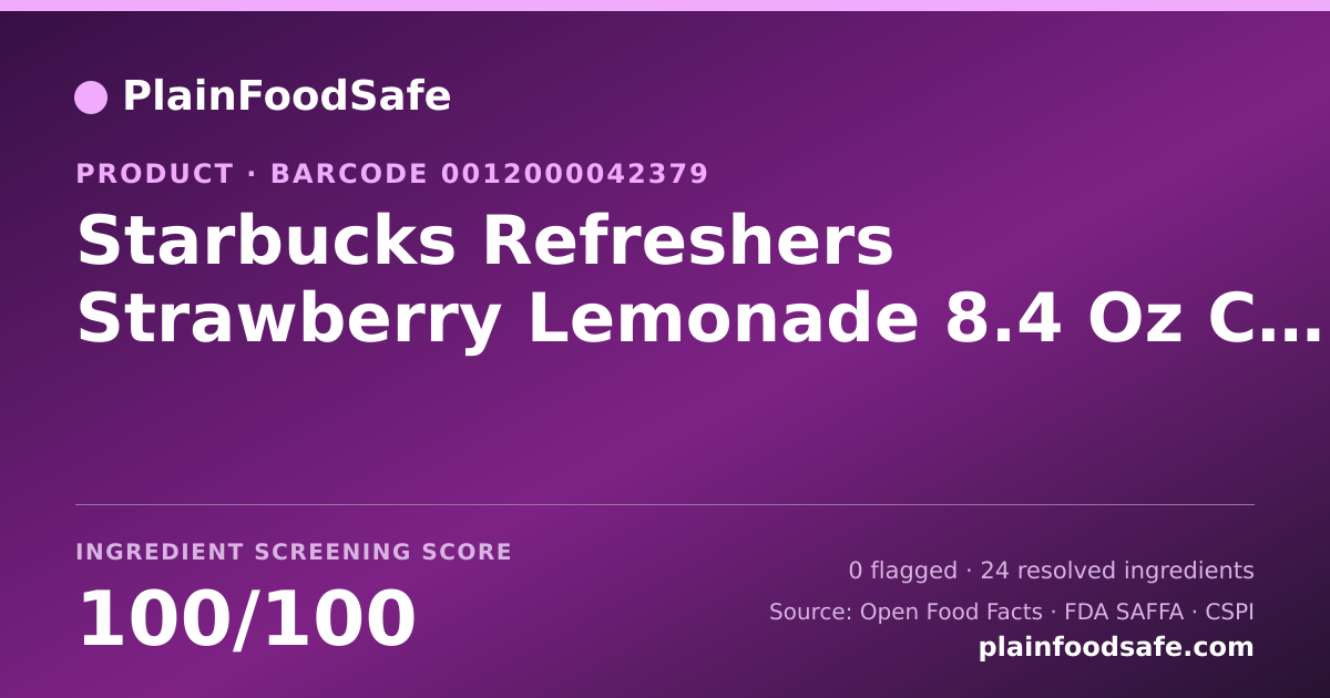 Share card for Starbucks Refreshers Strawberry Lemonade 8.4 Oz Can Food Ingredient Profile