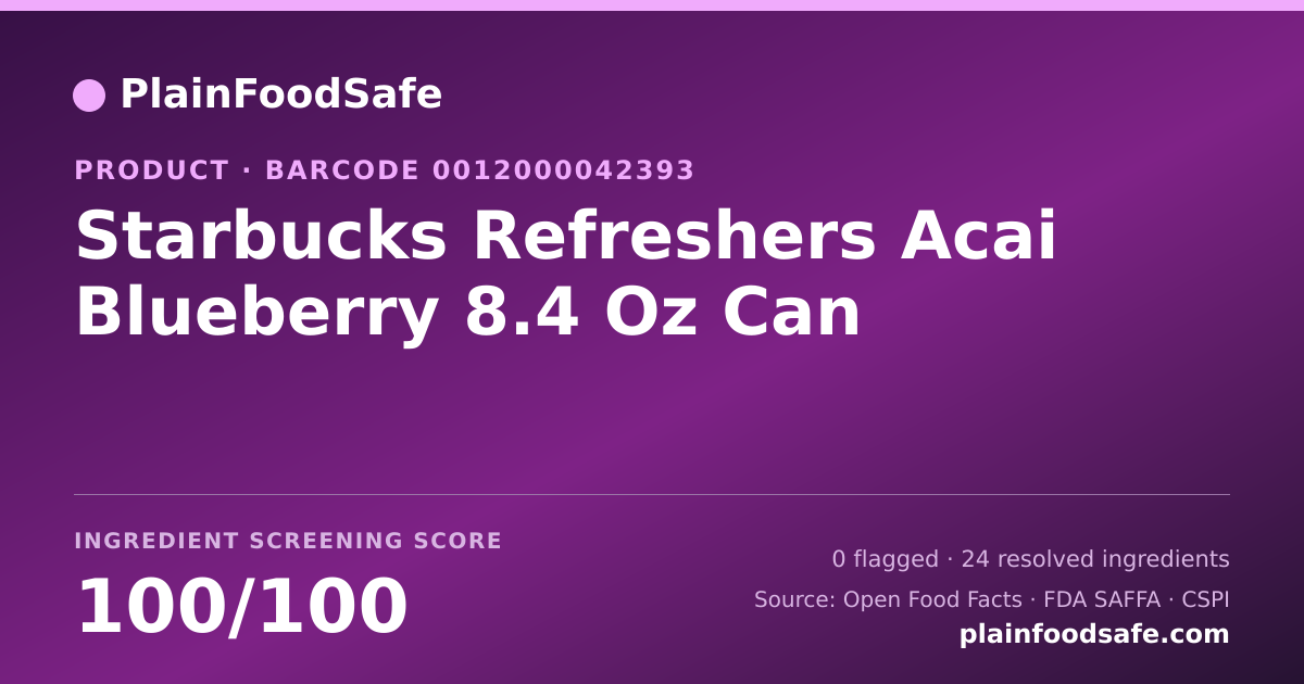Share card for Starbucks Refreshers Acai Blueberry 8.4 Oz Can Food Ingredient Profile