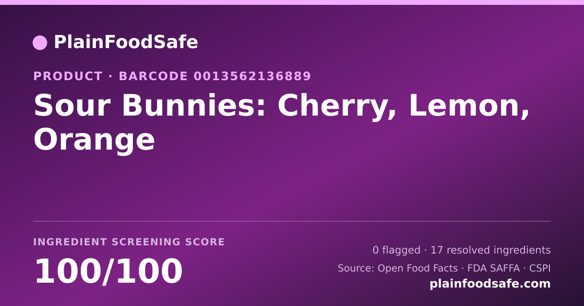 Share card for Sour Bunnies: Cherry, Lemon, Orange Food Ingredient Profile