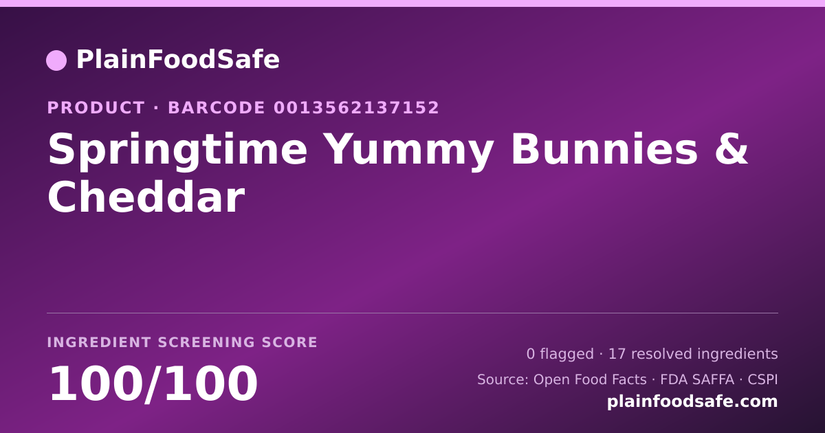 Share card for Springtime Yummy Bunnies & Cheddar Food Ingredient Profile