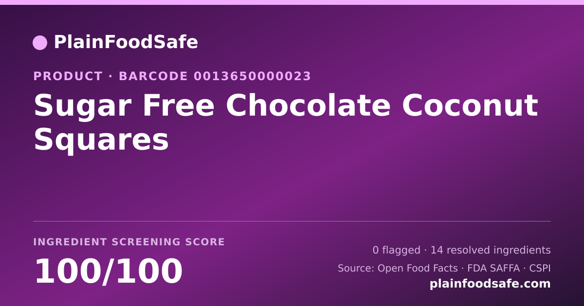 Share card for Sugar Free Chocolate Coconut Squares Food Ingredient Profile