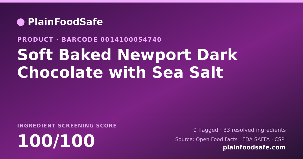 Share card for Soft Baked Newport Dark Chocolate with Sea Salt Food Ingredient Profile