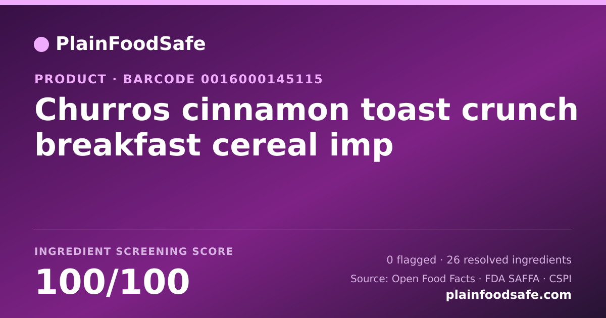 Share card for Churros cinnamon toast crunch breakfast cereal imp Food Ingredient Profile