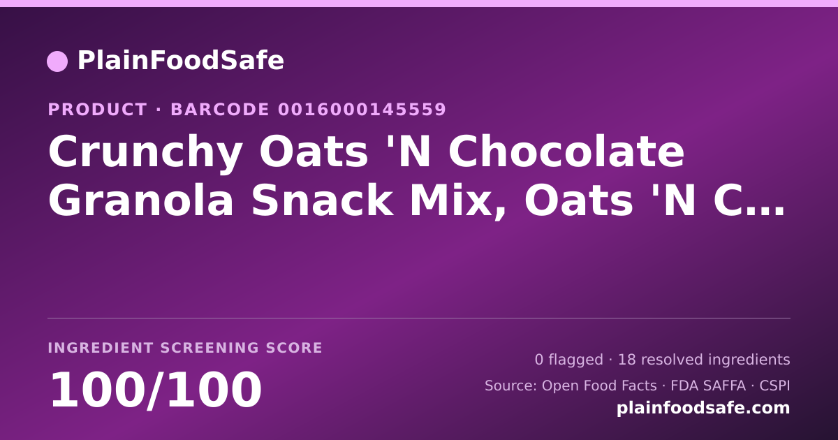 Share card for Crunchy Oats 'N Chocolate Granola Snack Mix, Oats 'N Chocolate Food Ingredient Profile