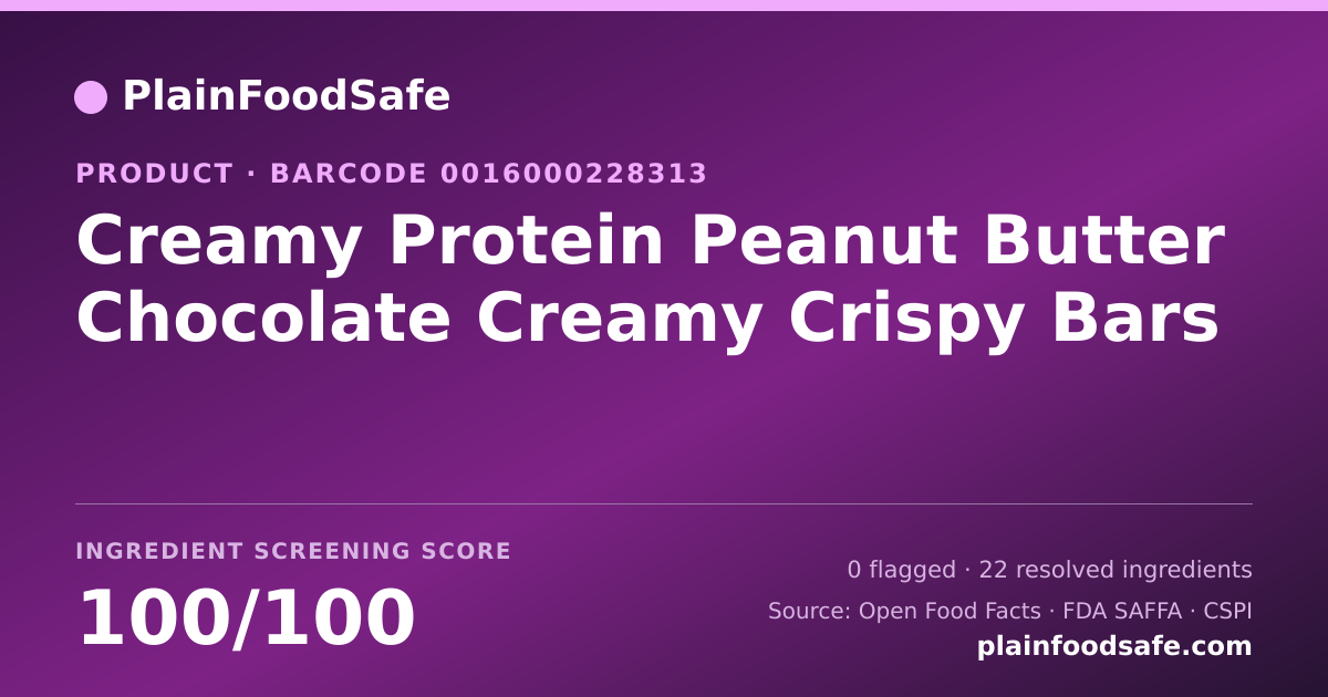 Share card for Creamy Protein Peanut Butter Chocolate Creamy Crispy Bars Food Ingredient Profile