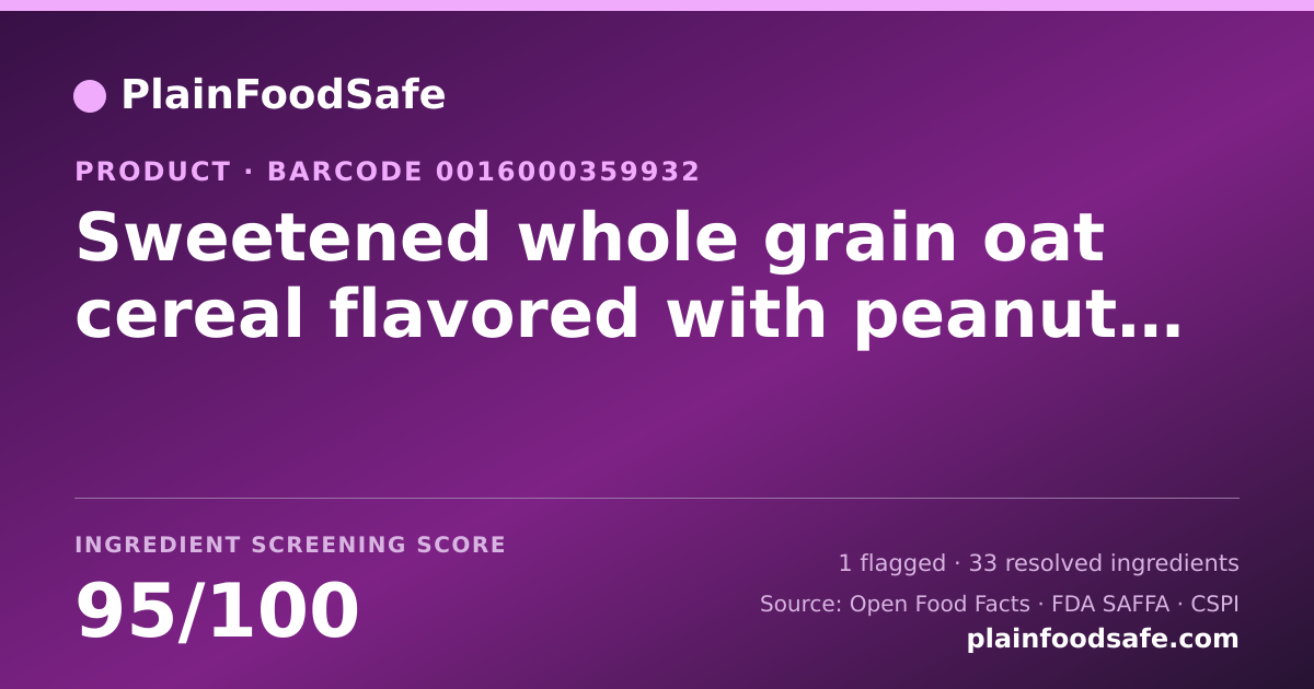 Share card for Sweetened whole grain oat cereal flavored with peanut butter & cocoa Food Ingredient Profile
