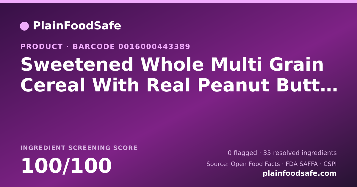 Share card for Sweetened Whole Multi Grain Cereal With Real Peanut Butter, Peanut Butter Food Ingredient Profile