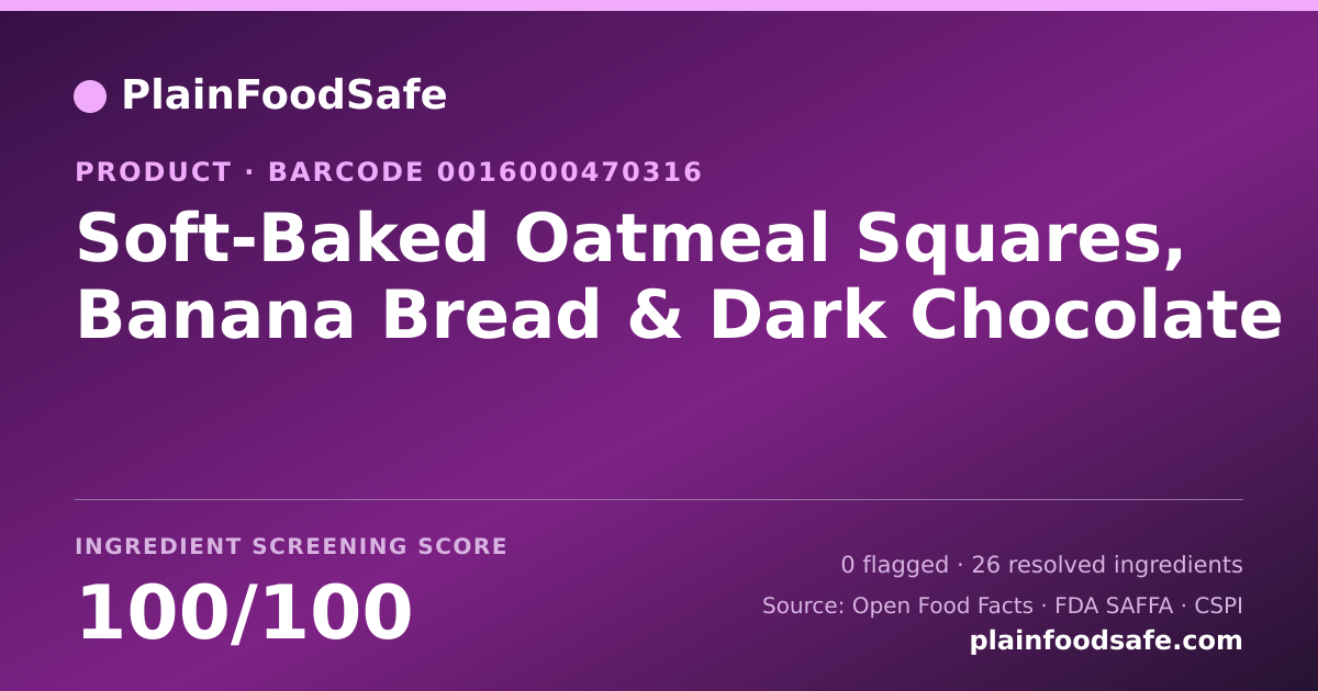 Share card for Soft-Baked Oatmeal Squares, Banana Bread & Dark Chocolate Food Ingredient Profile