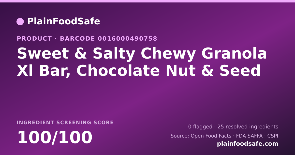 Share card for Sweet & Salty Chewy Granola Xl Bar, Chocolate Nut & Seed Food Ingredient Profile