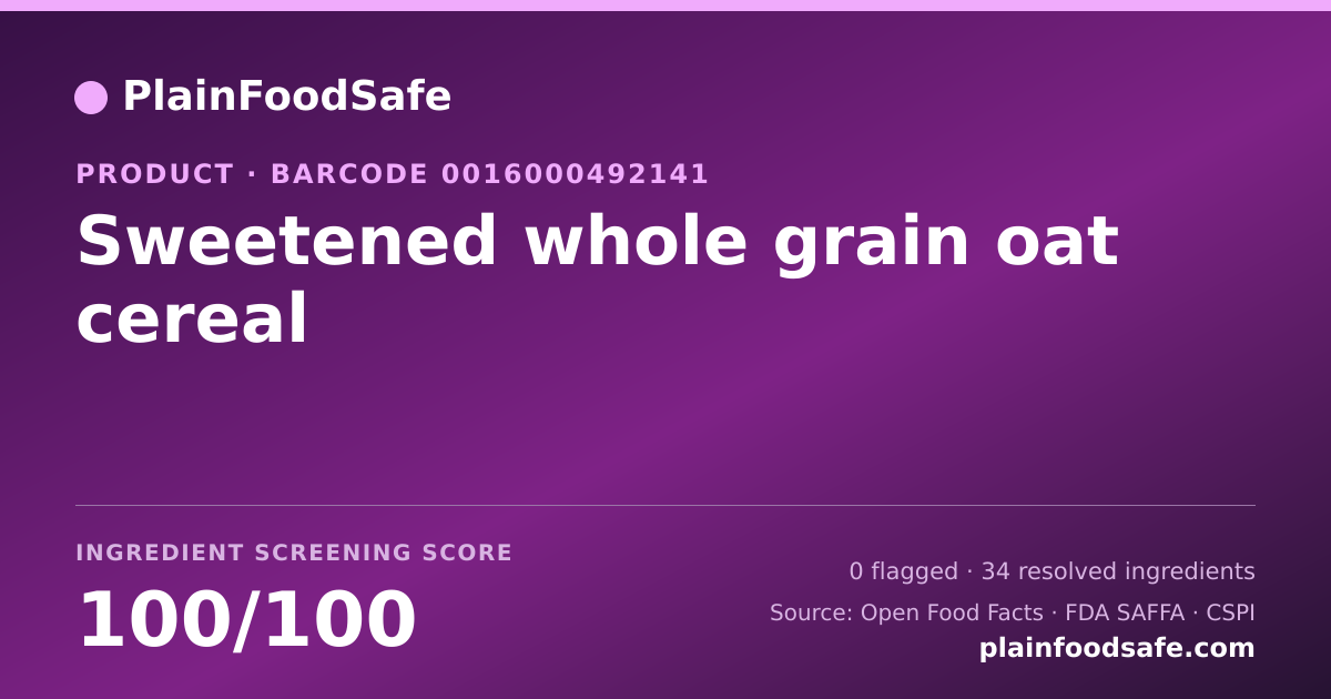 Share card for Sweetened whole grain oat cereal Food Ingredient Profile