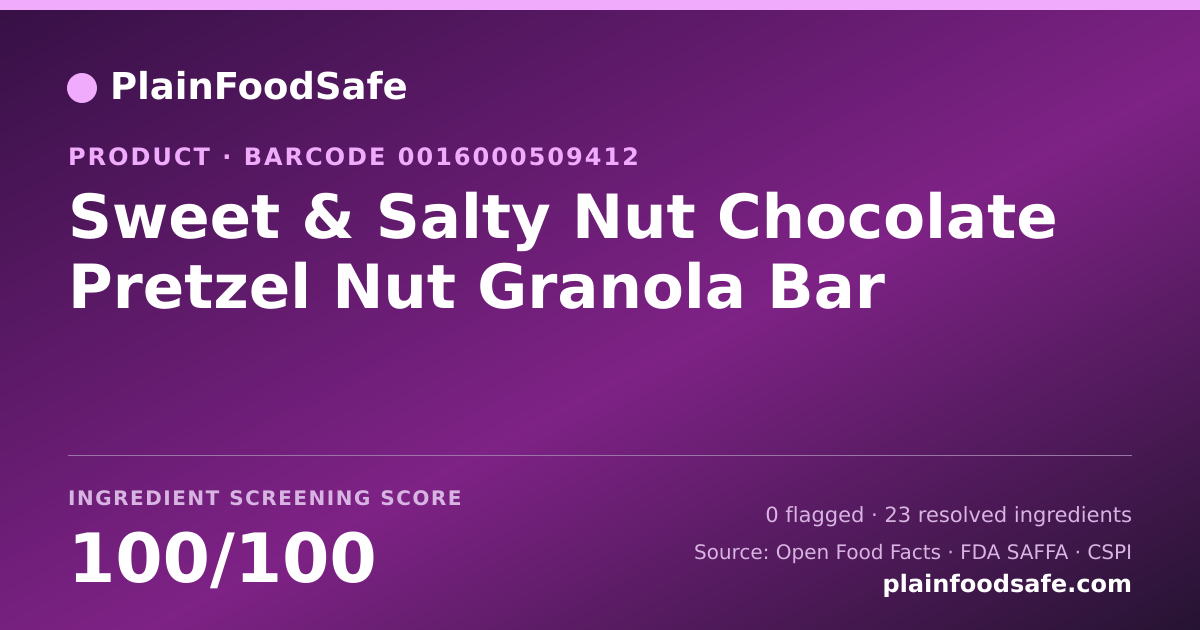 Share card for Sweet & Salty Nut Chocolate Pretzel Nut Granola Bar Food Ingredient Profile