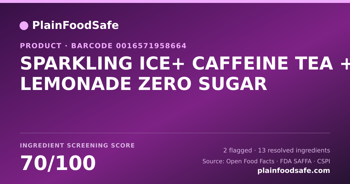 Share card for SPARKLING ICE+ CAFFEINE TEA + LEMONADE ZERO SUGAR Food Ingredient Profile