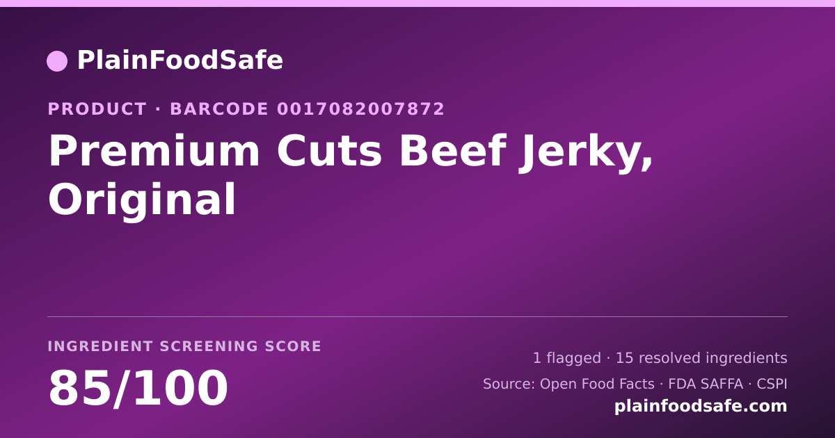 Share card for Premium Cuts Beef Jerky, Original Food Ingredient Profile